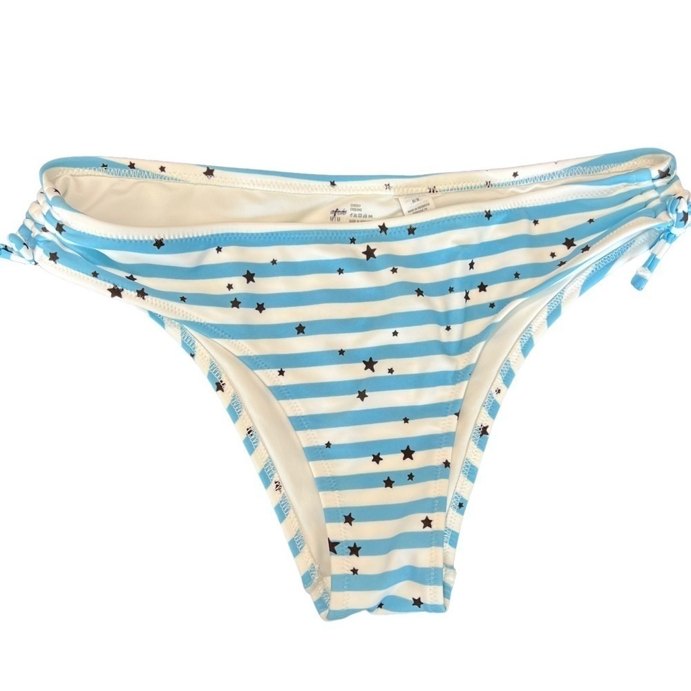 Aerie Cheeky Star Print Striped Bikini Bottoms Blue White Tie Detail NWOT